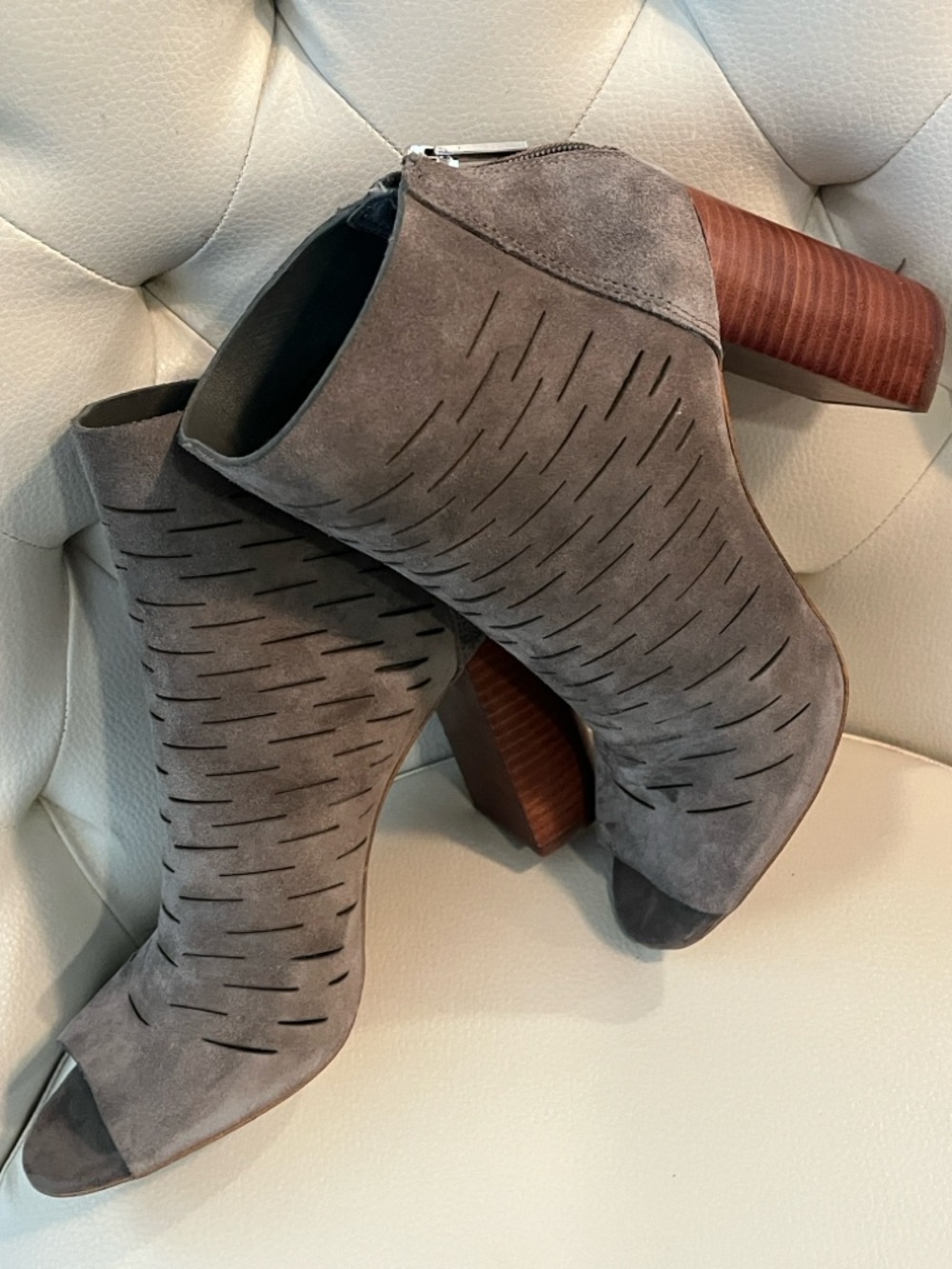 Gray Suede Laser-Cut Peep-Toe Ankle Booties